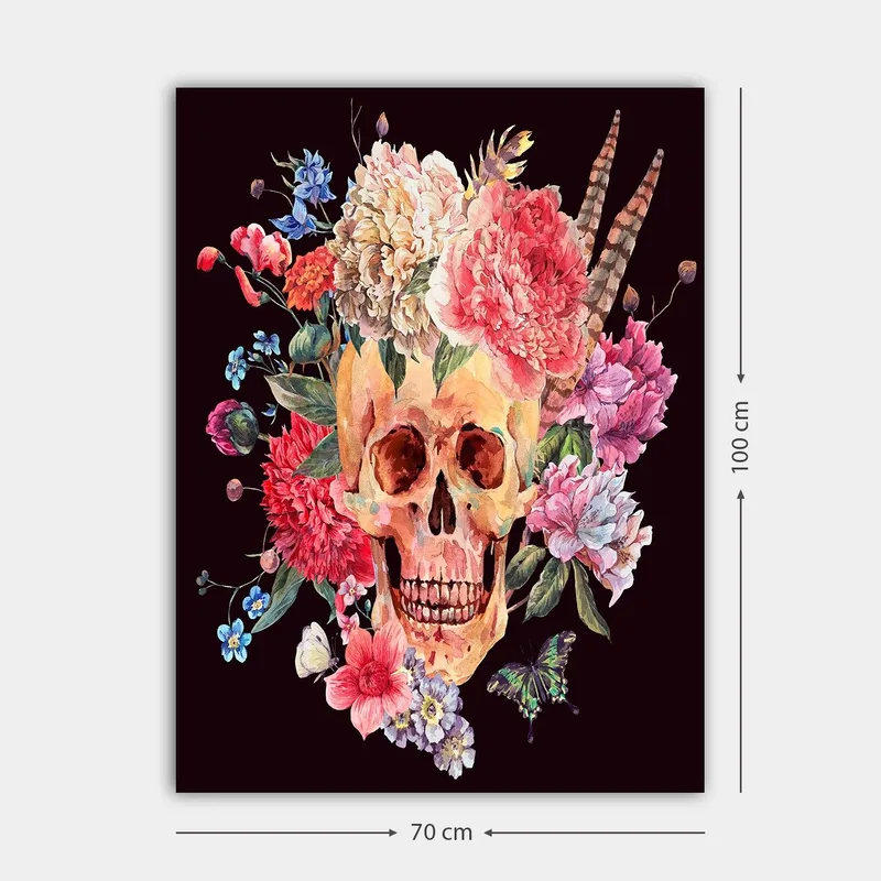 Canvastavla 70x100 cm - Färgglad dödskalle omgiven av blommor - Rosa / Gul / Grön - Inredning - Tavlor & konst - Canvastavlor
