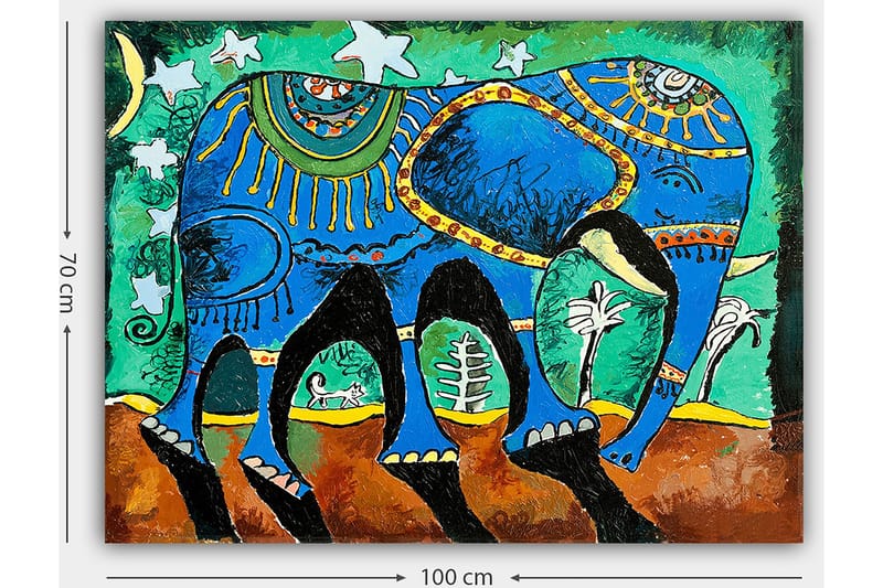Canvastavla 70x100 cm - Färgglad elefant med dekorativa mönster och symboler - Blå / Grön / Brun - Inredning - Tavlor & konst - Canvastavlor
