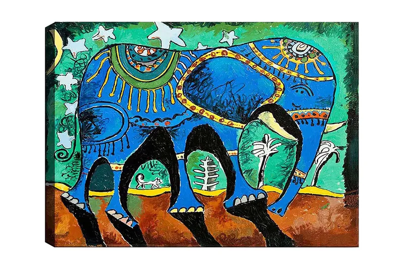 Canvastavla 70x100 cm - Färgglad elefant med dekorativa mönster och symboler, Blå / Grön / Brun