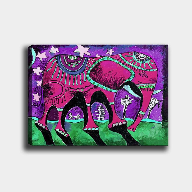 Canvastavla 70x100 cm - Färgglad elefant med dekorativa mönster och symboler, Lila / Rosa / Grön