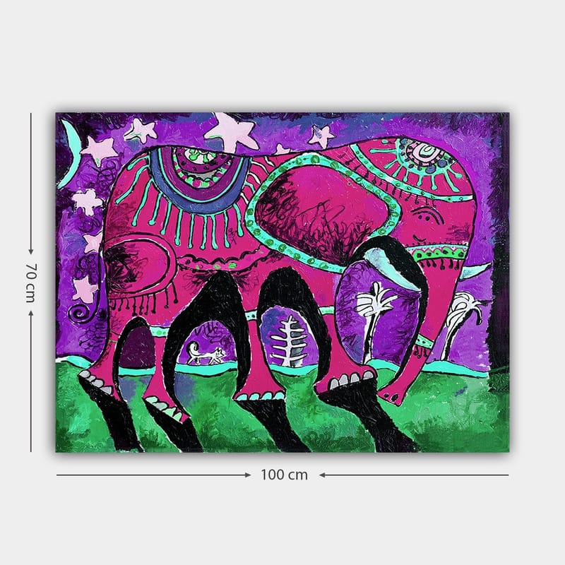 Canvastavla 70x100 cm - Färgglad elefant med dekorativa mönster och symboler - Lila / Rosa / Grön - Inredning - Tavlor & konst - Canvastavlor