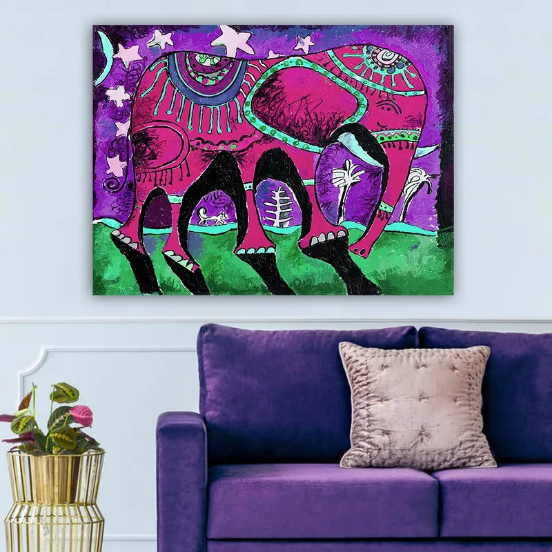 Canvastavla 70x100 cm - Färgglad elefant med dekorativa mönster och symboler - Lila / Rosa / Grön - Inredning - Tavlor & konst - Canvastavlor