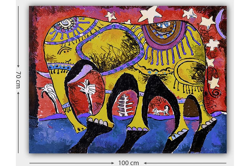 Canvastavla 70x100 cm - Färgglad elefant med dekorativa mönster på en livlig bakgrund - Gul / Röd / Blå - Inredning - Tavlor & konst - Canvastavlor