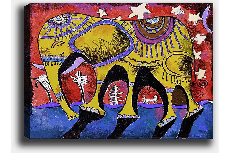 Canvastavla 70x100 cm - Färgglad elefant med dekorativa mönster på en livlig bakgrund - Gul / Röd / Blå - Inredning - Tavlor & konst - Canvastavlor