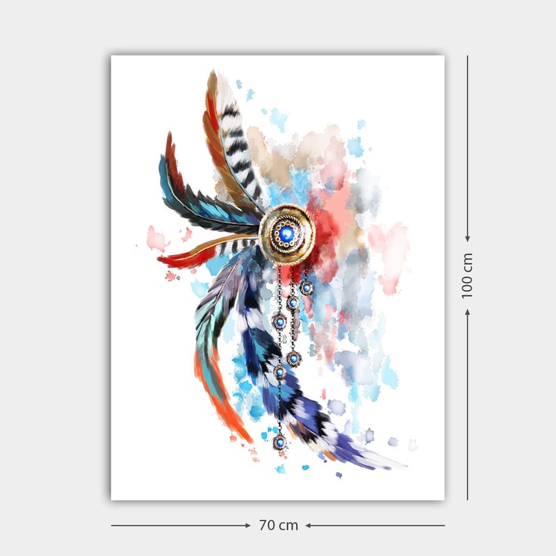 Canvastavla 70x100 cm - Färgglad fjäderprydnad med en central cirkel och hängande detaljer - Blå / Röd / Svart - Inredning - Tavlor & konst - Canvastavlor