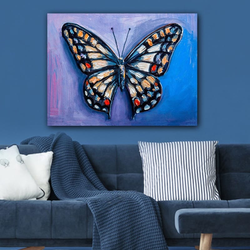 Canvastavla 70x100 cm - Färgglad fjäril med detaljerade mönster i vingar - Blå / Orange / Svart - Inredning - Tavlor & konst - Canvastavlor