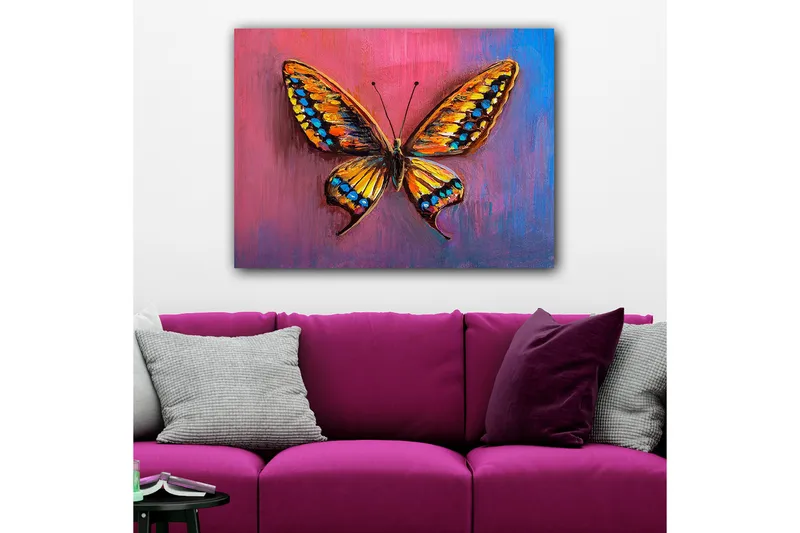 Canvastavla 70x100 cm - Färgglad fjäril med detaljerade vingar i orange och blått - Orange / Blå / Lila - Inredning - Tavlor & konst - Canvastavlor