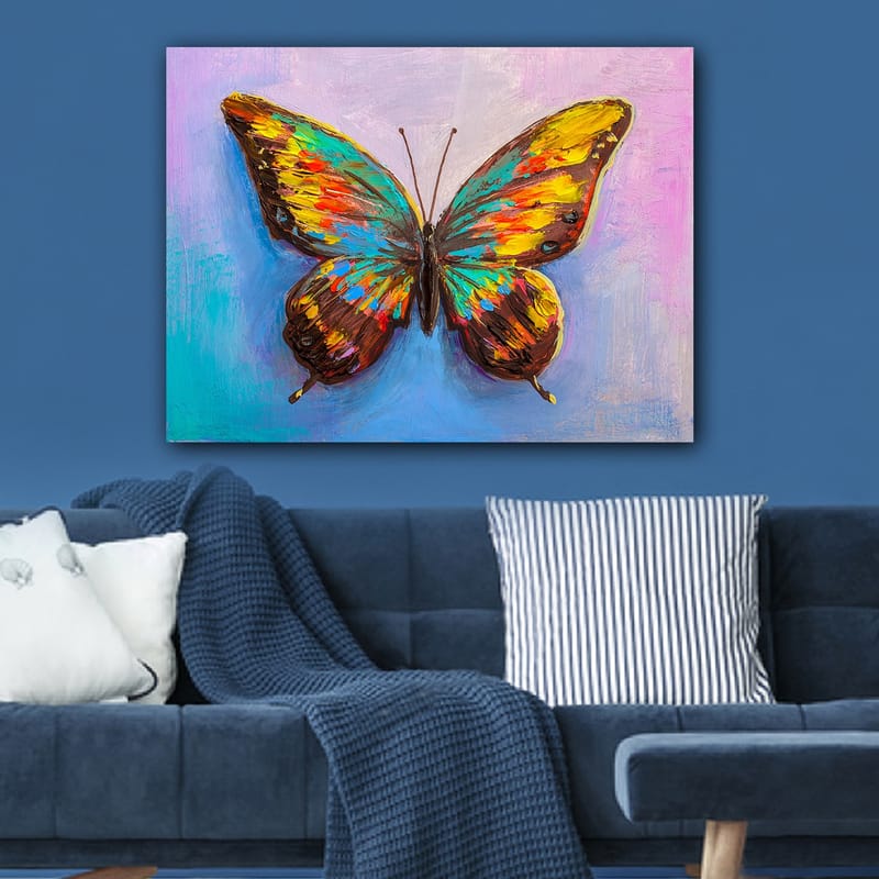 Canvastavla 70x100 cm - Färgglad fjäril med detaljerade vingar - Turkos / Gul / Röd - Inredning - Tavlor & konst - Canvastavlor