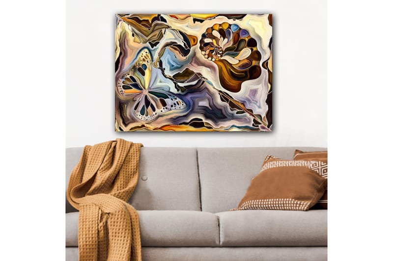 Canvastavla 70x100 cm - Färgglad fjäril och snäcka som svävar i en abstrakt komposition - Guld / Blå / Brun - Inredning - Tavlor & konst - Canvastavlor