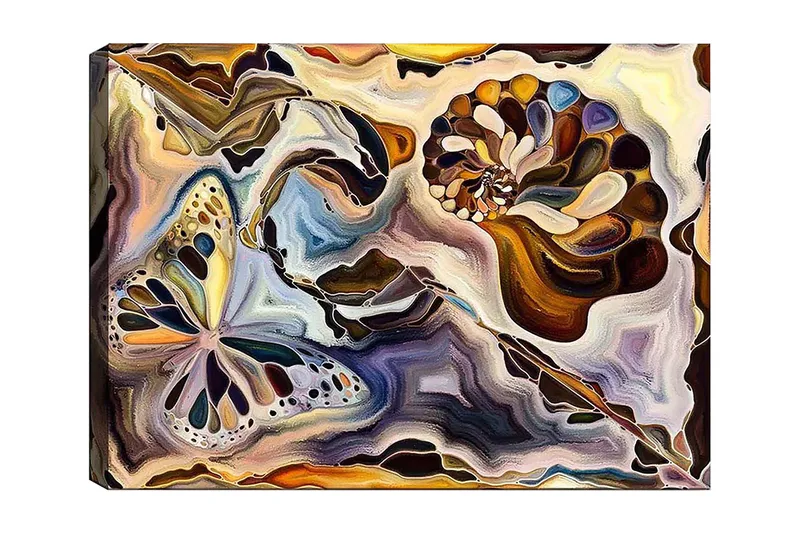 Canvastavla 70x100 cm - Färgglad fjäril och snäcka som svävar i en abstrakt komposition, Guld / Blå / Brun