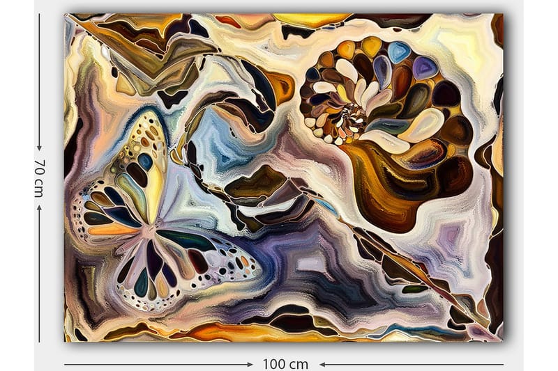 Canvastavla 70x100 cm - Färgglad fjäril och snäcka som svävar i en abstrakt komposition - Guld / Blå / Brun - Inredning - Tavlor & konst - Canvastavlor