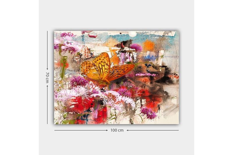 Canvastavla 70x100 cm - Färgglad fjäril som sitter på blommor i en livlig och abstrakt naturmiljö - Orange / Rosa / Röd - Inredning - Tavlor & konst - Canvastavlor