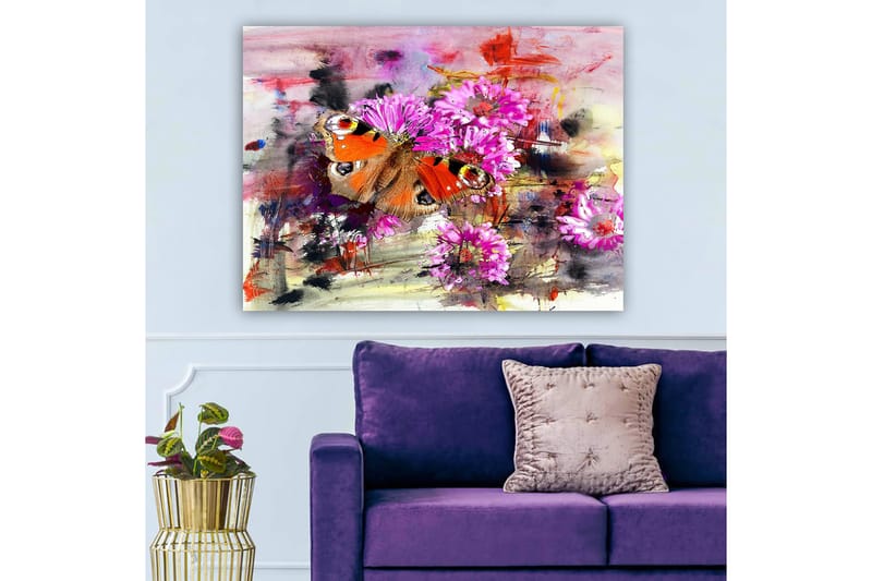 Canvastavla 70x100 cm - Färgglad fjäril som sitter på blommor i en abstrakt komposition - Orange / Rosa / Brun - Inredning - Tavlor & konst - Canvastavlor