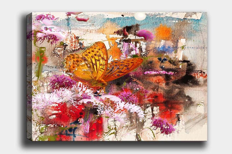 Canvastavla 70x100 cm - Färgglad fjäril som sitter på blommor i en livlig och abstrakt naturmiljö - Orange / Rosa / Röd - Inredning - Tavlor & konst - Canvastavlor