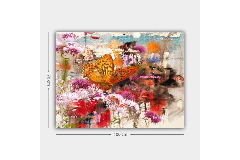 Canvastavla 70x100 cm - Färgglad fjäril som sitter på blommor i en livlig och abstrakt naturmiljö - Orange / Rosa / Röd - Inredning - Tavlor & konst - Canvastavlor