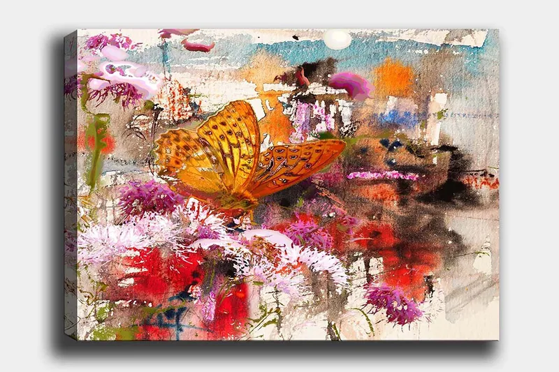 Canvastavla 70x100 cm - Färgglad fjäril som sitter på blommor i en livlig och abstrakt naturmiljö, Orange / Rosa / Röd