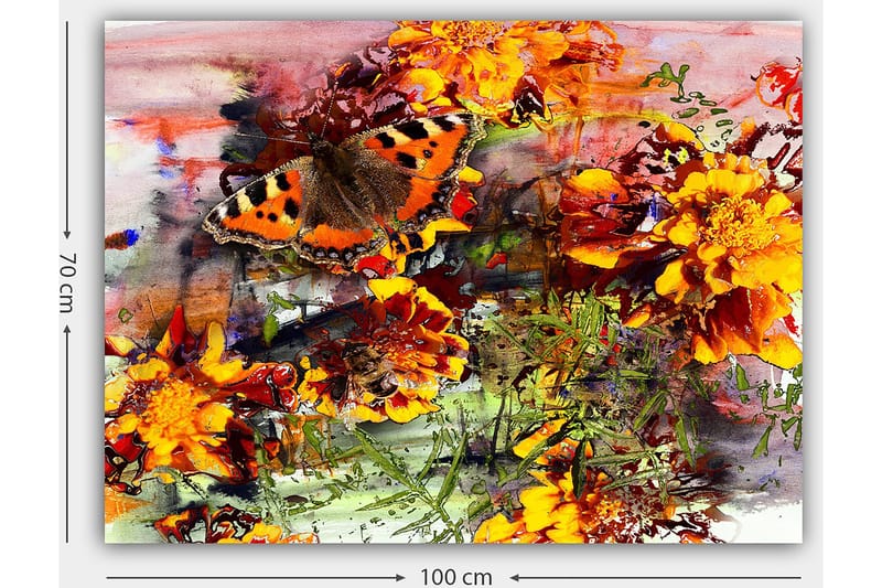Canvastavla 70x100 cm - Färgglad fjäril som sitter på blommor i en livlig trädgård - Orange / Gult / Grönt - Inredning - Tavlor & konst - Canvastavlor
