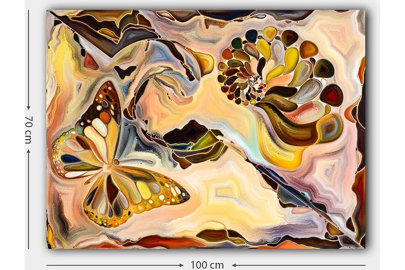 Canvastavla 70x100 cm - Färgglad fjäril som svävar över en spiralformad struktur i mjuka, organiska former - Guld / Brun / Orange - Inredning - Tavlor & konst - Canvastavlor