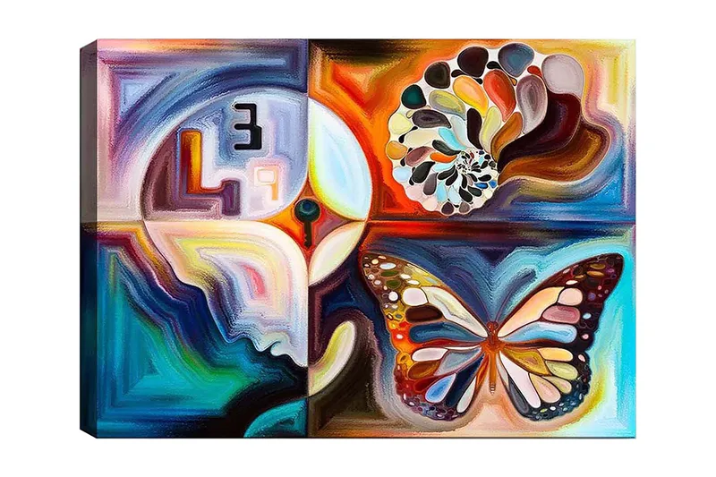 Canvastavla 70x100 cm - Färgglad fjäril som symboliserar transformation, omgiven av abstrakta former och mönster, Blå / Orange / Vit