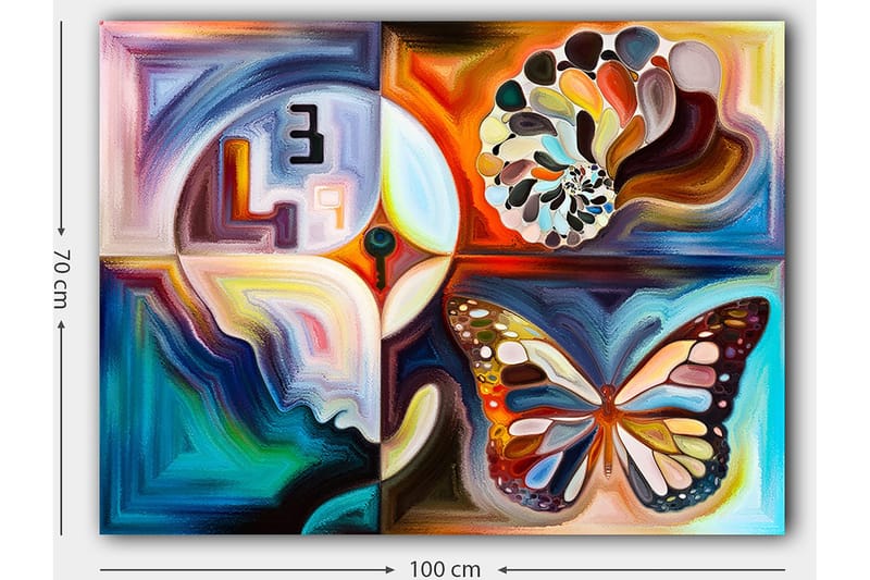 Canvastavla 70x100 cm - Färgglad fjäril som symboliserar transformation, omgiven av abstrakta former och mönster - Blå / Orange / Vit - Inredning - Tavlor & konst - Canvastavlor