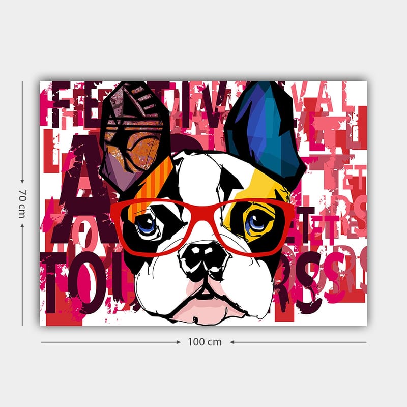 Canvastavla 70x100 cm - Färgglad fransk bulldog med glasögon och lekfulla detaljer - Vit / Svart / Röd - Inredning - Tavlor & konst - Canvastavlor