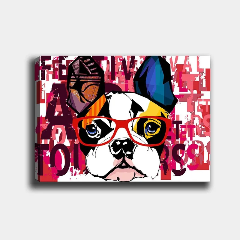 Canvastavla 70x100 cm - Färgglad fransk bulldog med glasögon och lekfulla detaljer, Vit / Svart / Röd