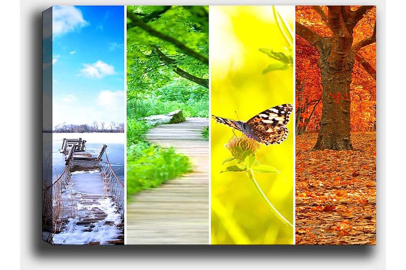 Canvastavla 70x100 cm - Färgglad fyrdelad tavla som visar olika årstider med naturmotiv - Blå / Grön / Orange - Inredning - Tavlor & konst - Canvastavlor