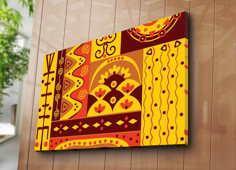 Canvastavla 70x100 cm - Färgglad geometrisk mönsterdesign med inslag av abstrakta former och symboler - Gult / Rött / Brunt - Inredning - Tavlor & konst - Canvastavlor