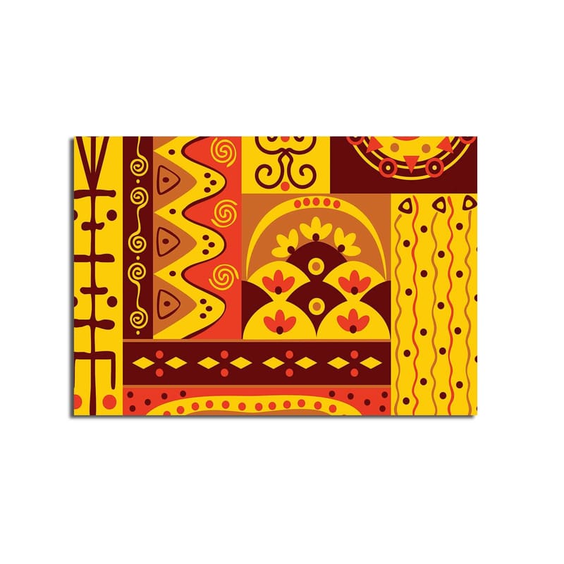 Canvastavla 70x100 cm - Färgglad geometrisk mönsterdesign med inslag av abstrakta former och symboler - Gult / Rött / Brunt - Inredning - Tavlor & konst - Canvastavlor