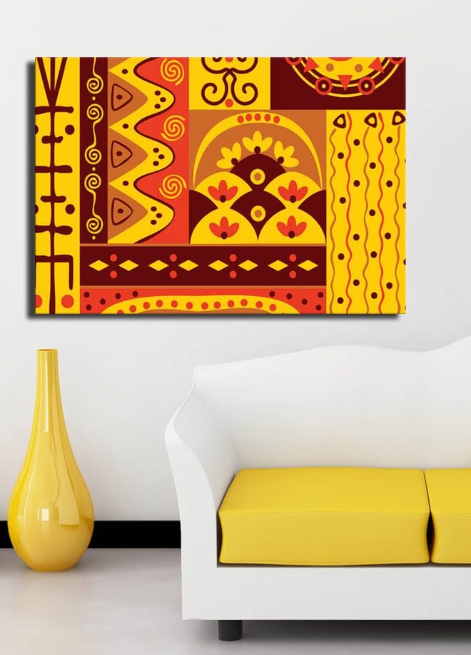 Canvastavla 70x100 cm - Färgglad geometrisk mönsterdesign med inslag av abstrakta former och symboler - Gult / Rött / Brunt - Inredning - Tavlor & konst - Canvastavlor