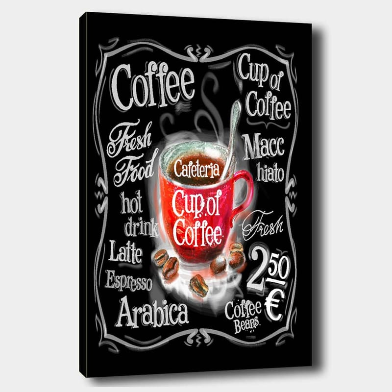 Canvastavla 70x100 cm - Färgglad kaffekopp med ånga som stiger upp, omgiven av text och kaffebönor - Röd / Svart / Vit - Inredning - Tavlor & konst - Canvastavlor