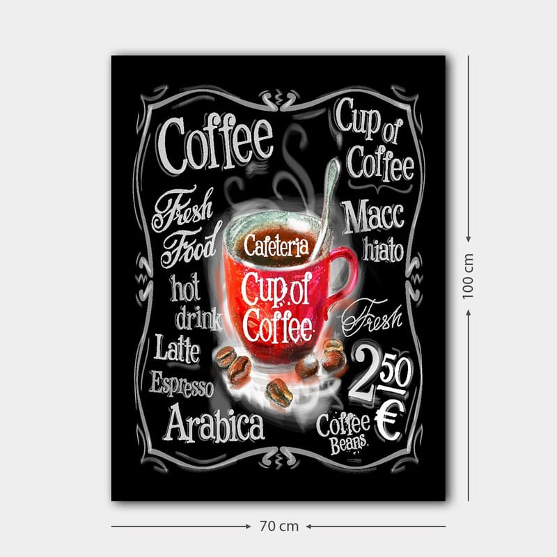 Canvastavla 70x100 cm - Färgglad kaffekopp med ånga som stiger upp, omgiven av text och kaffebönor - Röd / Svart / Vit - Inredning - Tavlor & konst - Canvastavlor