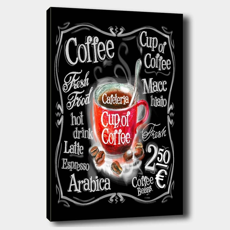Canvastavla 70x100 cm - Färgglad kaffekopp med ånga som stiger upp, omgiven av text och kaffebönor - Röd / Svart / Vit - Inredning - Tavlor & konst - Canvastavlor