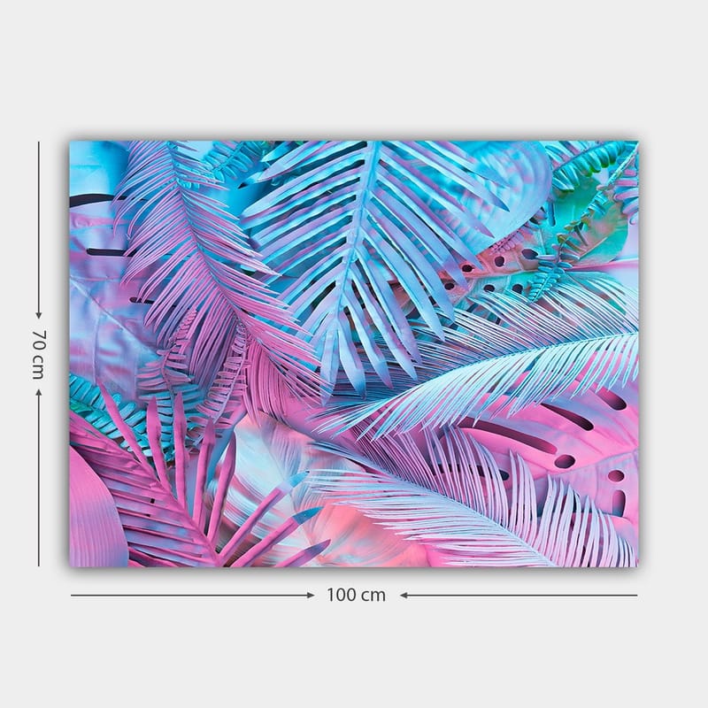 Canvastavla 70x100 cm - Färgglad komposition av tropiska palmblad i rosa och blå nyanser - Rosa / Blå / Turkos - Inredning - Tavlor & konst - Canvastavlor