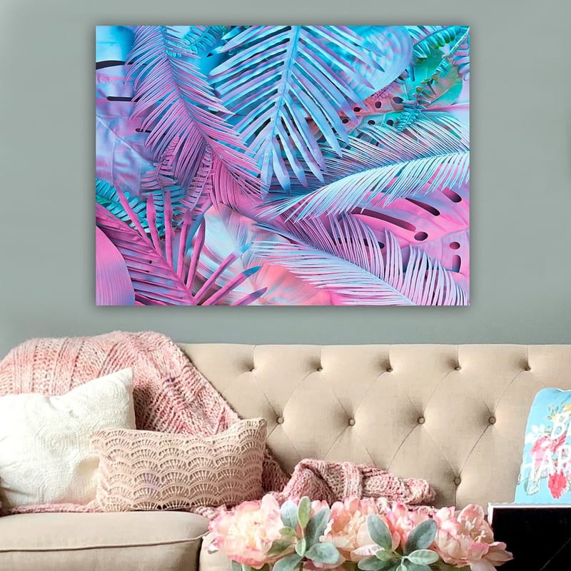 Canvastavla 70x100 cm - Färgglad komposition av tropiska palmblad i rosa och blå nyanser - Rosa / Blå / Turkos - Inredning - Tavlor & konst - Canvastavlor