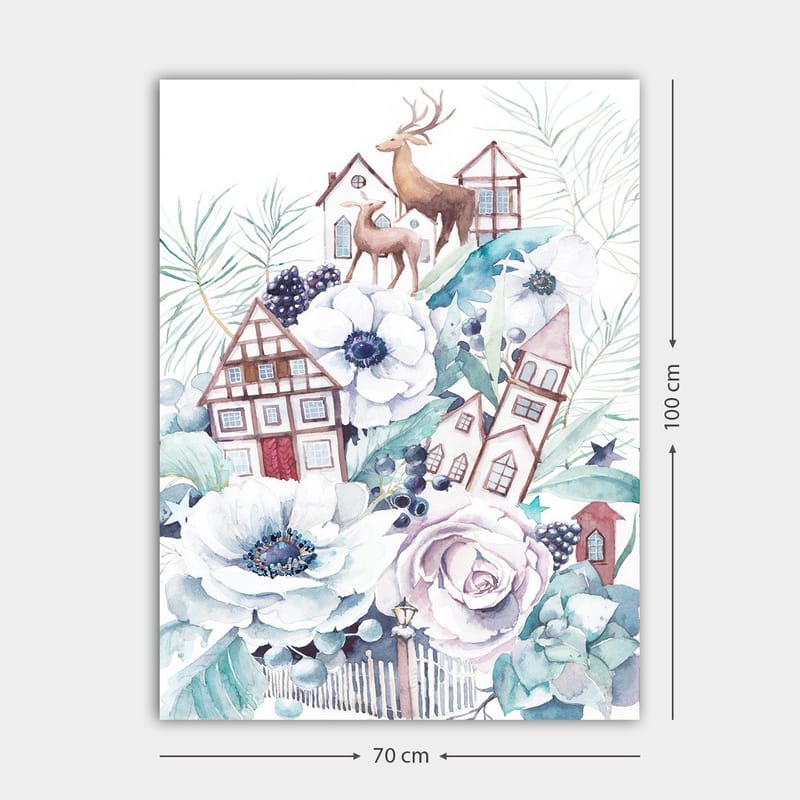 Canvastavla 70x100 cm - Färgglad komposition med blommor, hus och djur i en harmonisk landskapsdesign - Vit / Grön / Brun - Inredning - Tavlor & konst - Canvastavlor