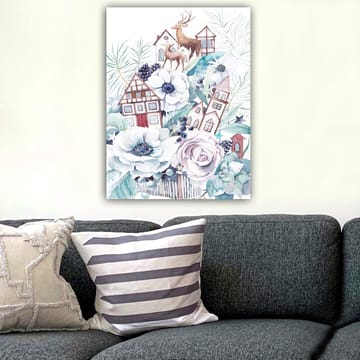 Canvastavla 70x100 cm - Färgglad komposition med blommor, hus och djur i en harmonisk landskapsdesign - Vit / Grön / Brun - Inredning - Tavlor & konst - Canvastavlor