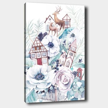 Canvastavla 70x100 cm - Färgglad komposition med blommor, hus och djur i en harmonisk landskapsdesign - Vit / Grön / Brun - Inredning - Tavlor & konst - Canvastavlor