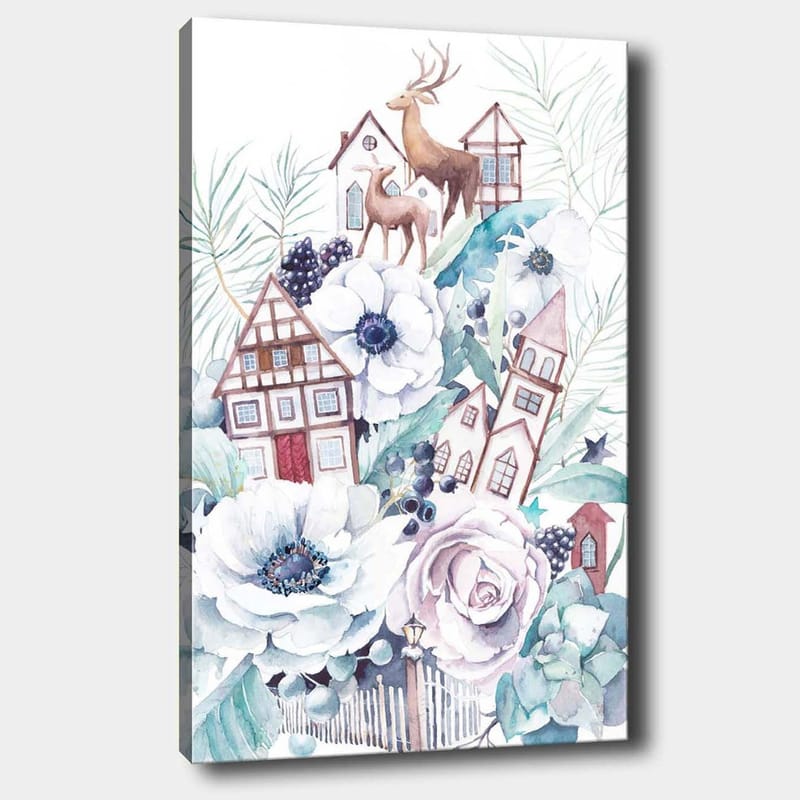 Canvastavla 70x100 cm - Färgglad komposition med blommor, hus och djur i en harmonisk landskapsdesign - Vit / Grön / Brun - Inredning - Tavlor & konst - Canvastavlor