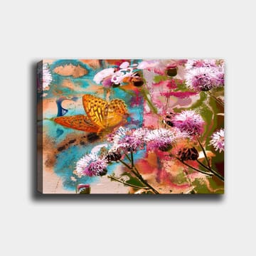 Canvastavla 70x100 cm - Färgglad målning med en fjäril som sitter på blommor i en livlig naturmiljö - Orange / Rosa / Grön - Inredning - Tavlor & konst - Canvastavlor
