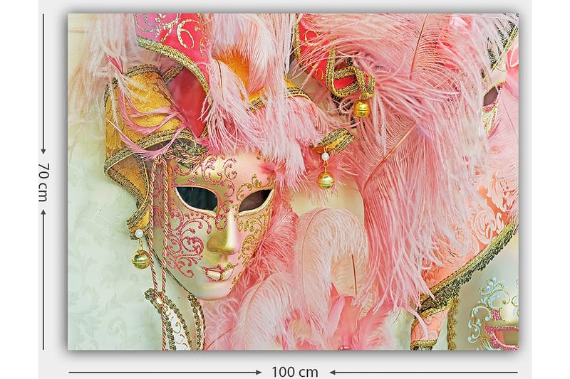 Canvastavla 70x100 cm - Färgglad maskeradmask prydd med fjädrar och ornament, som fångar den festliga atmosfären av en maskeradbal - Rosa / Guld / Vit - Inredning - Tavlor & konst - Canvastavlor