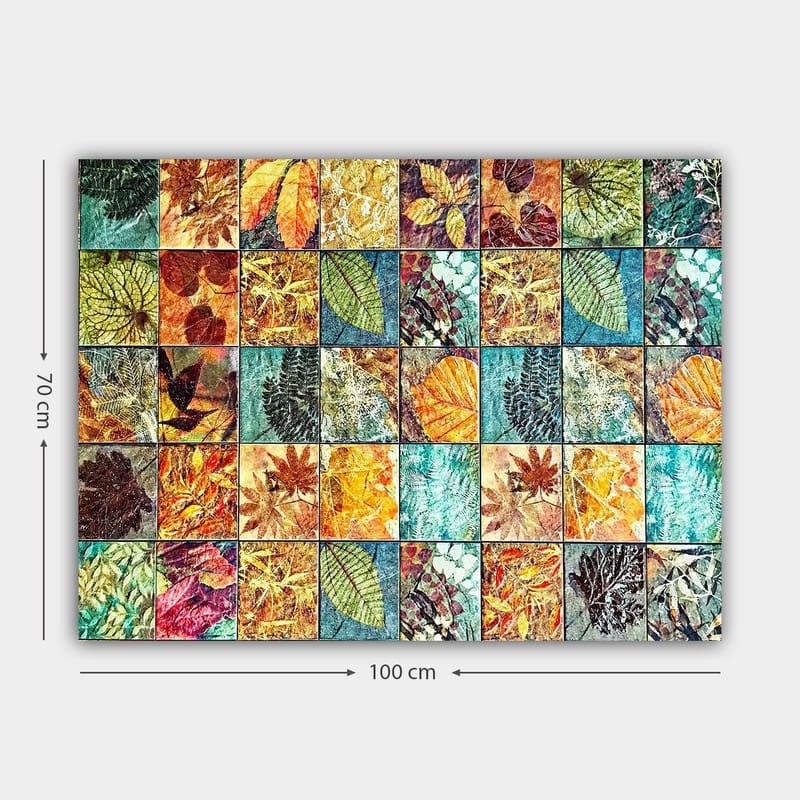 Canvastavla 70x100 cm - Färgglad mosaik av olika löv i varierande nyanser och mönster - Grön / Orange / Gul - Inredning - Tavlor & konst - Canvastavlor