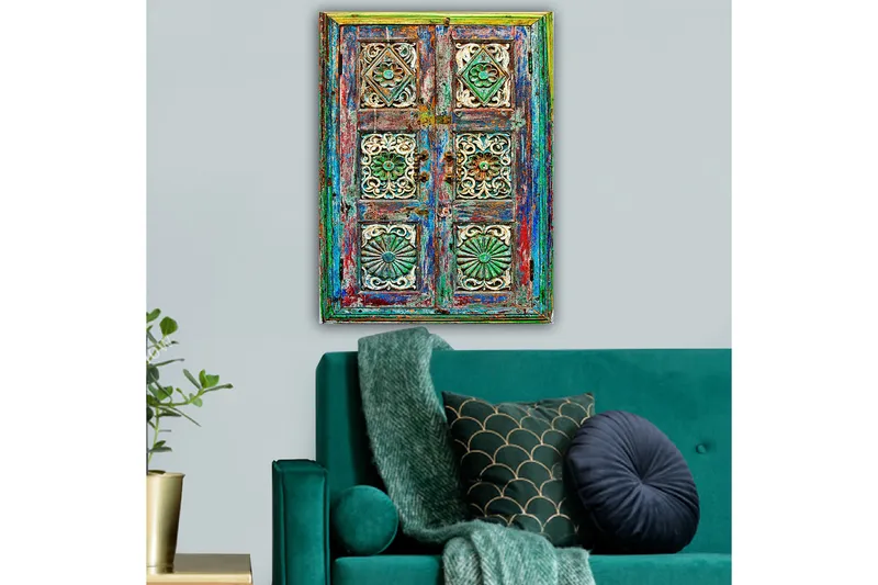 Canvastavla 70x100 cm - Färgglad och detaljerad dörr med intrikata sniderier och mönster - Grön / Blå / Röd - Inredning - Tavlor & konst - Canvastavlor