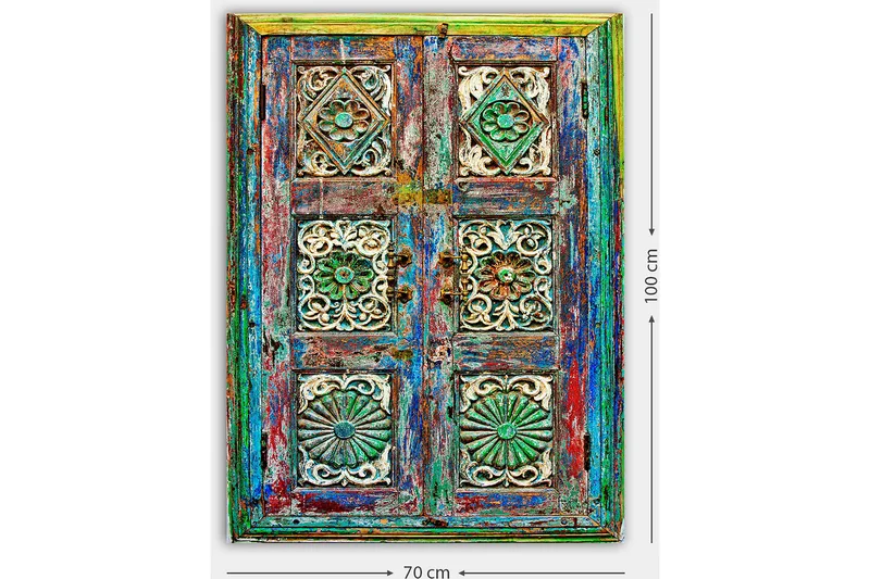 Canvastavla 70x100 cm - Färgglad och detaljerad dörr med intrikata sniderier och mönster - Grön / Blå / Röd - Inredning - Tavlor & konst - Canvastavlor