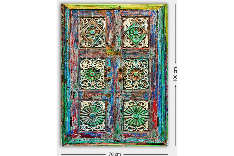 Canvastavla 70x100 cm - Färgglad och detaljerad dörr med intrikata sniderier och mönster - Grön / Blå / Röd - Inredning - Tavlor & konst - Canvastavlor