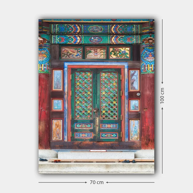 Canvastavla 70x100 cm - Färgglad och detaljerad dörr med traditionella mönster och dekorationer - Grön / Röd / Blå - Inredning - Tavlor & konst - Canvastavlor