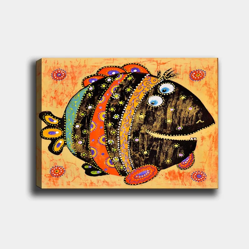Canvastavla 70x100 cm - Färgglad och lekfull fisk med mönster och stora ögon - Svart / Orange / Blå - Inredning - Tavlor & konst - Canvastavlor