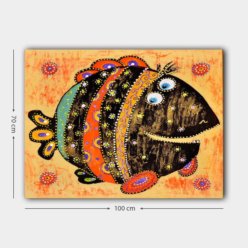 Canvastavla 70x100 cm - Färgglad och lekfull fisk med mönster och stora ögon - Svart / Orange / Blå - Inredning - Tavlor & konst - Canvastavlor