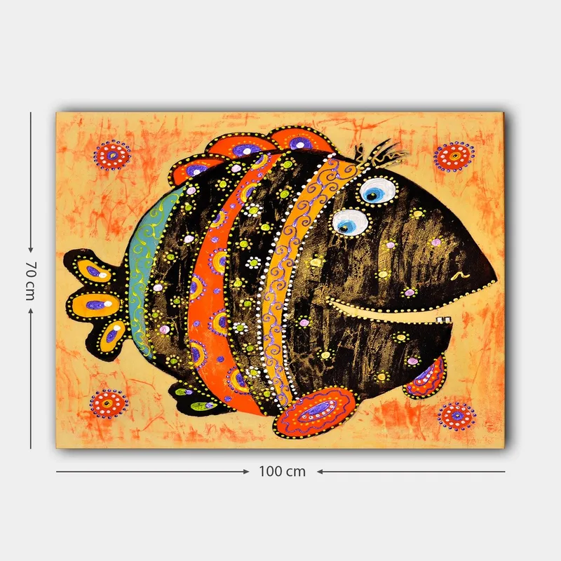 Canvastavla 70x100 cm - Färgglad och lekfull fisk med mönster och stora ögon - Svart / Orange / Blå - Inredning - Tavlor & konst - Canvastavlor