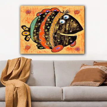 Canvastavla 70x100 cm - Färgglad och lekfull fisk med mönster och stora ögon - Svart / Orange / Blå - Inredning - Tavlor & konst - Canvastavlor